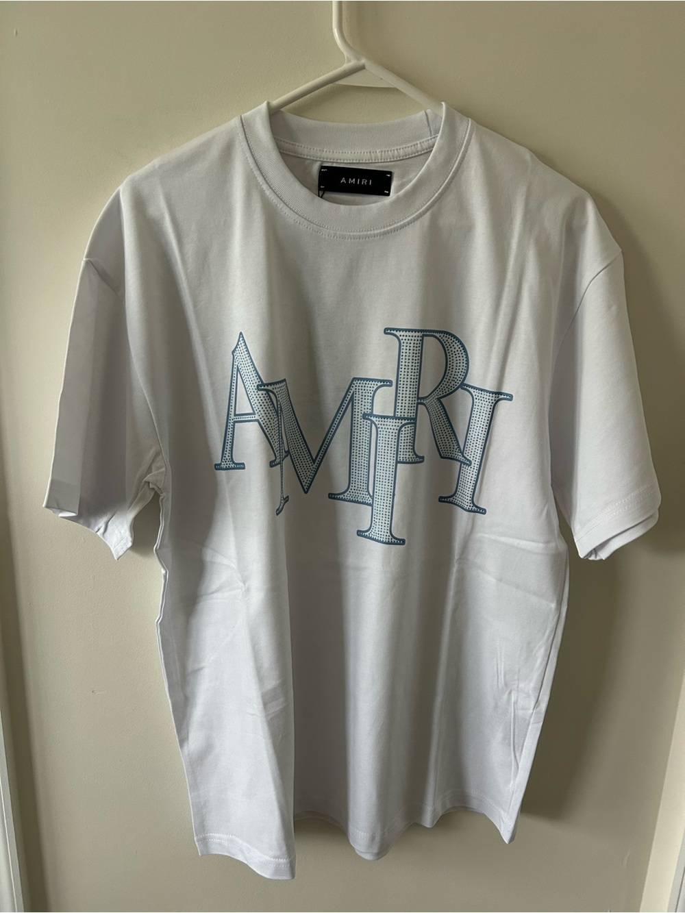AMIRI White Short-Sleeve Tee with Light Blue Logo